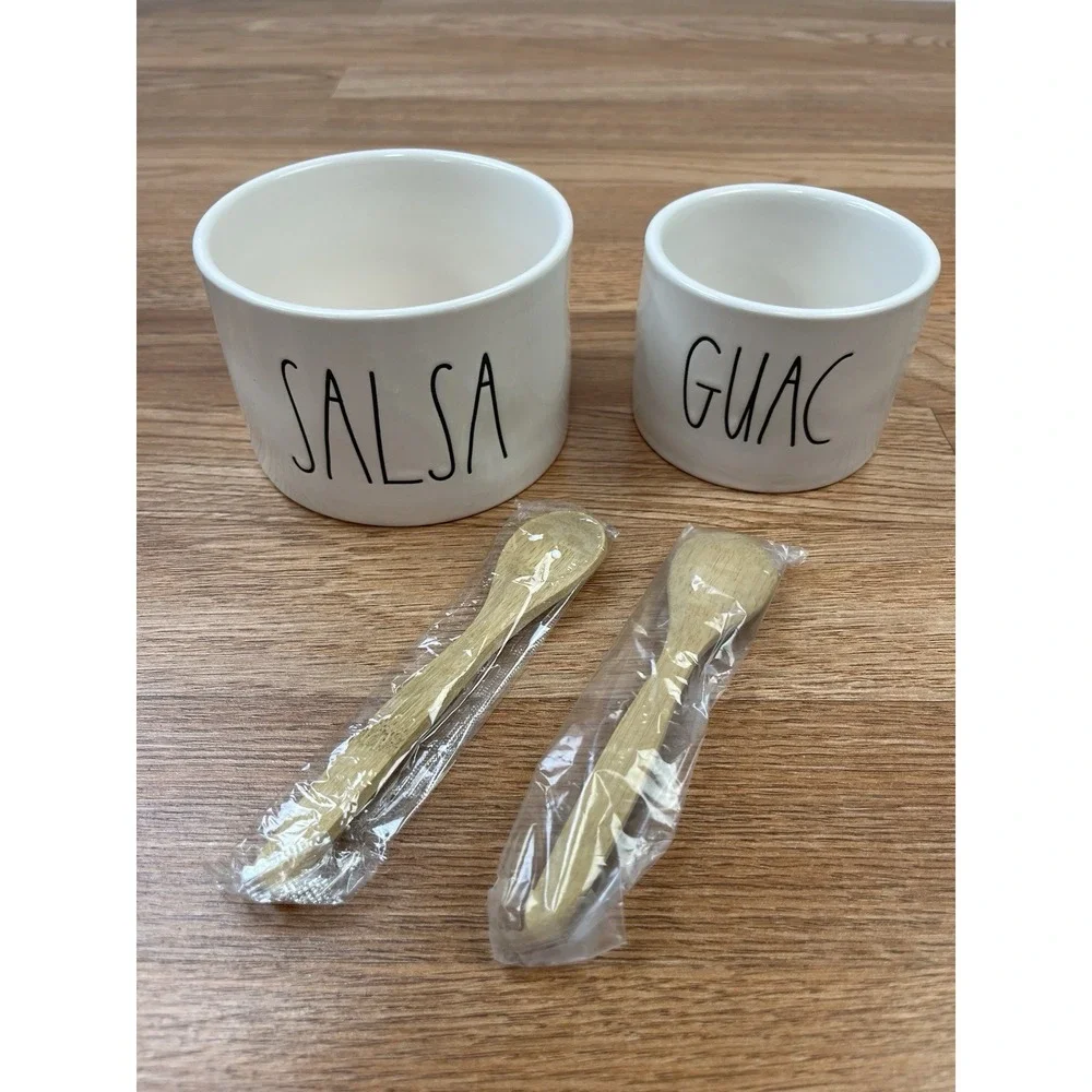 Rae Dunn‎ Guacamole and Salsa Bowls with 2 Bamboo Serving Spoons NEW